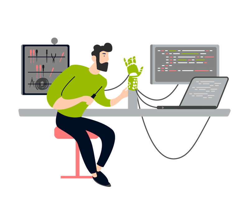 Illustration: A man with a prosthesis works at a computer